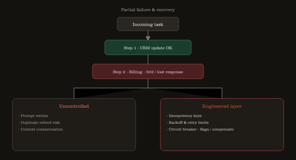 Partial failure flow: CRM success, billing 503, uncontrolled vs engineered recovery